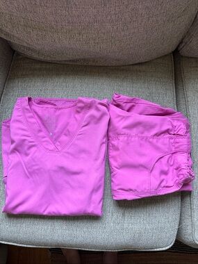 NRG Women's Pink V-Neck Scrub Top and Drawstring Pants Set